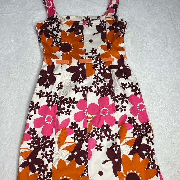 Noviello Bloom Orange Brown Floral Knee Length Cotton Bow Party Dress Y2K size 8 - Picture 12 of 13